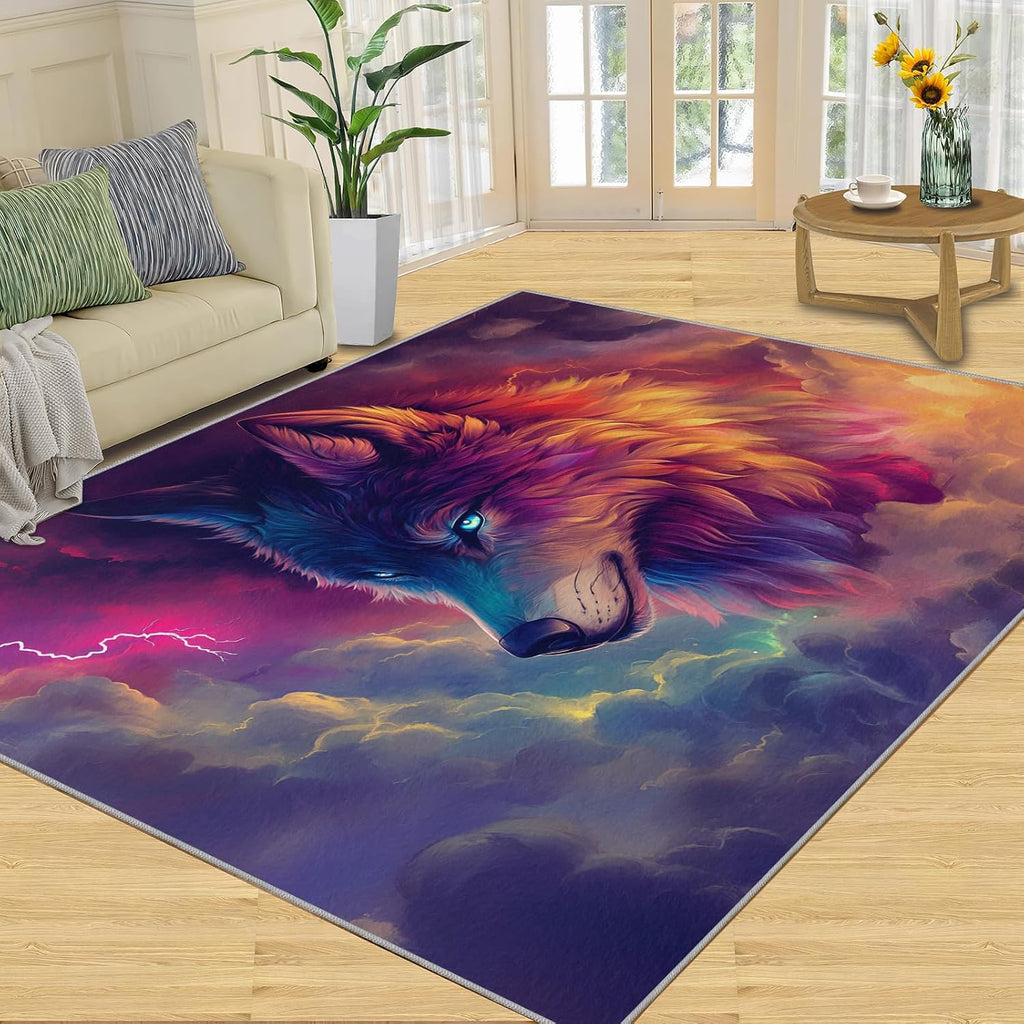 Colorful Wolf Area Rug - Large Rug 6x8 - Lightning Cloud Rugs for Living Room - Soft & Non Slip & Washable Rugs for Bedroom, Fantasy Animal Carpets for Dining Room Lounge Girls Room