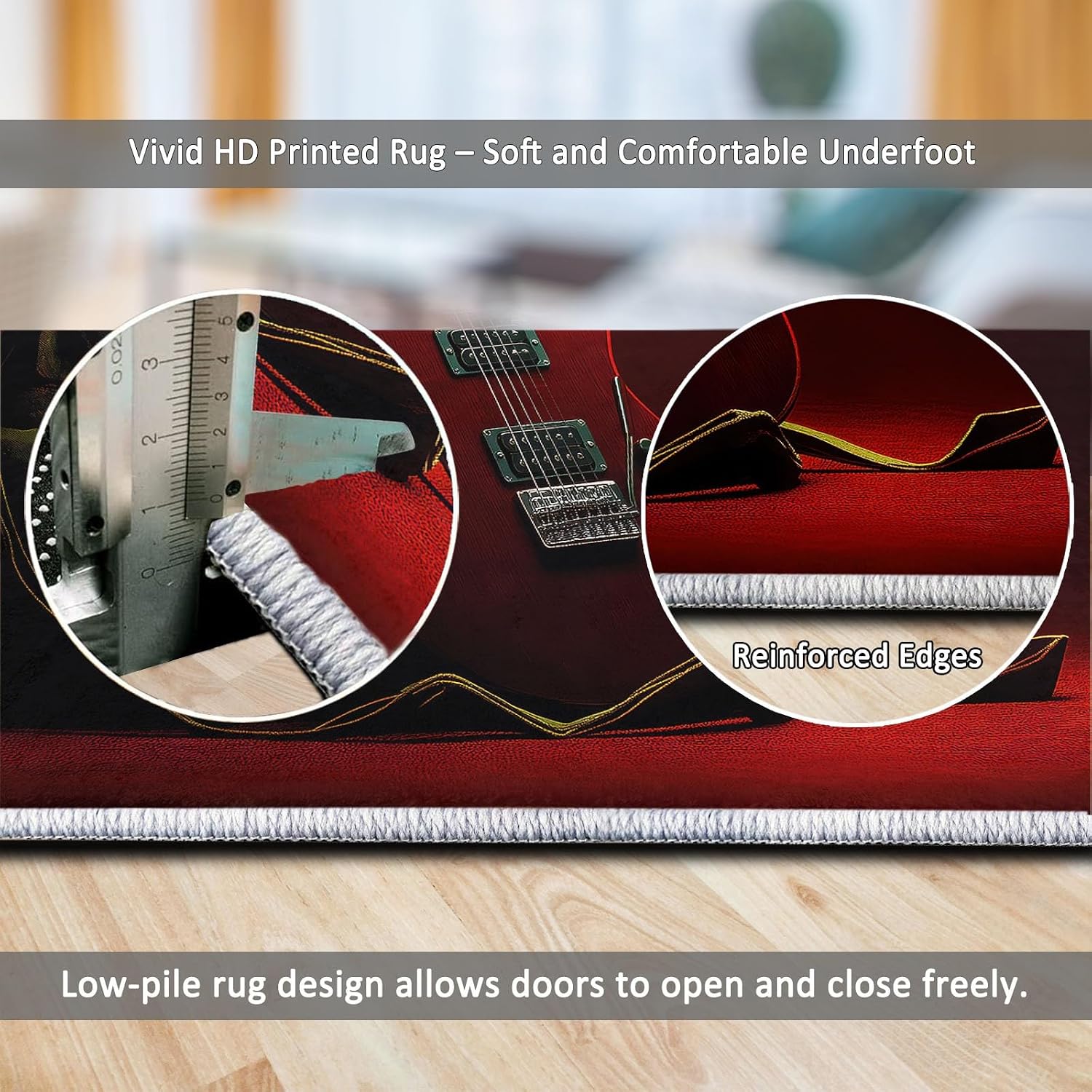 Bass Guitar Bag Rug Living Room 6 x 9 ft Machine Washable Area Rug, Hyperrealistic Low Pile Carpet for Dining Room Bedroom Indoor Red Non-Slip Design Home Decor Carpet