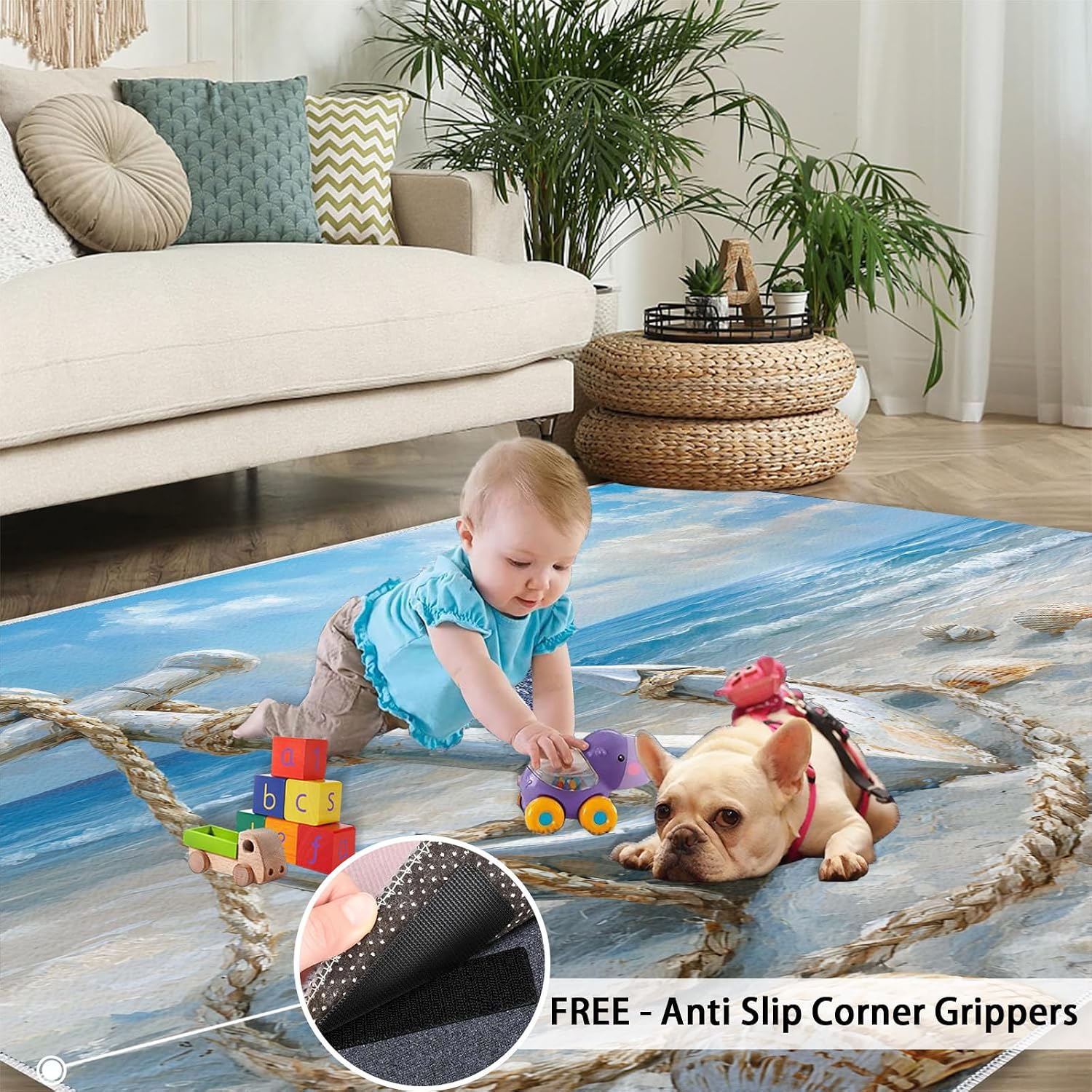 Beach Rug 6x8, Anchor Rugs for Bedroom, Nautical Theme Area Rug, Non Slip Washable Rugs for Living Room Farmhouse, Indoor Low Pile Decor Carpet