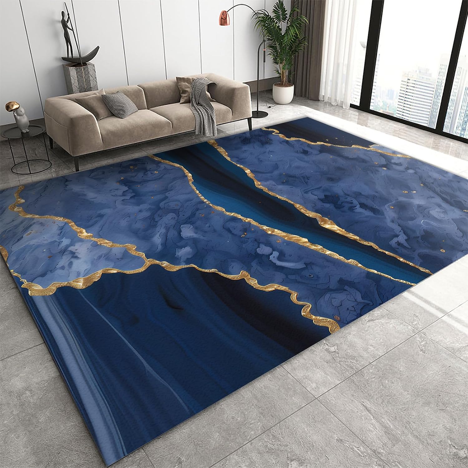 Navy Blue Marble Texture Area Rug, Luxurious Ink Gilt Stripes Large Rugs, Indoor Non-Slip Kids Rugs, for Room Sofa Living Room Mat Bedroom Home Decor Floor Mats,6 x 8ft