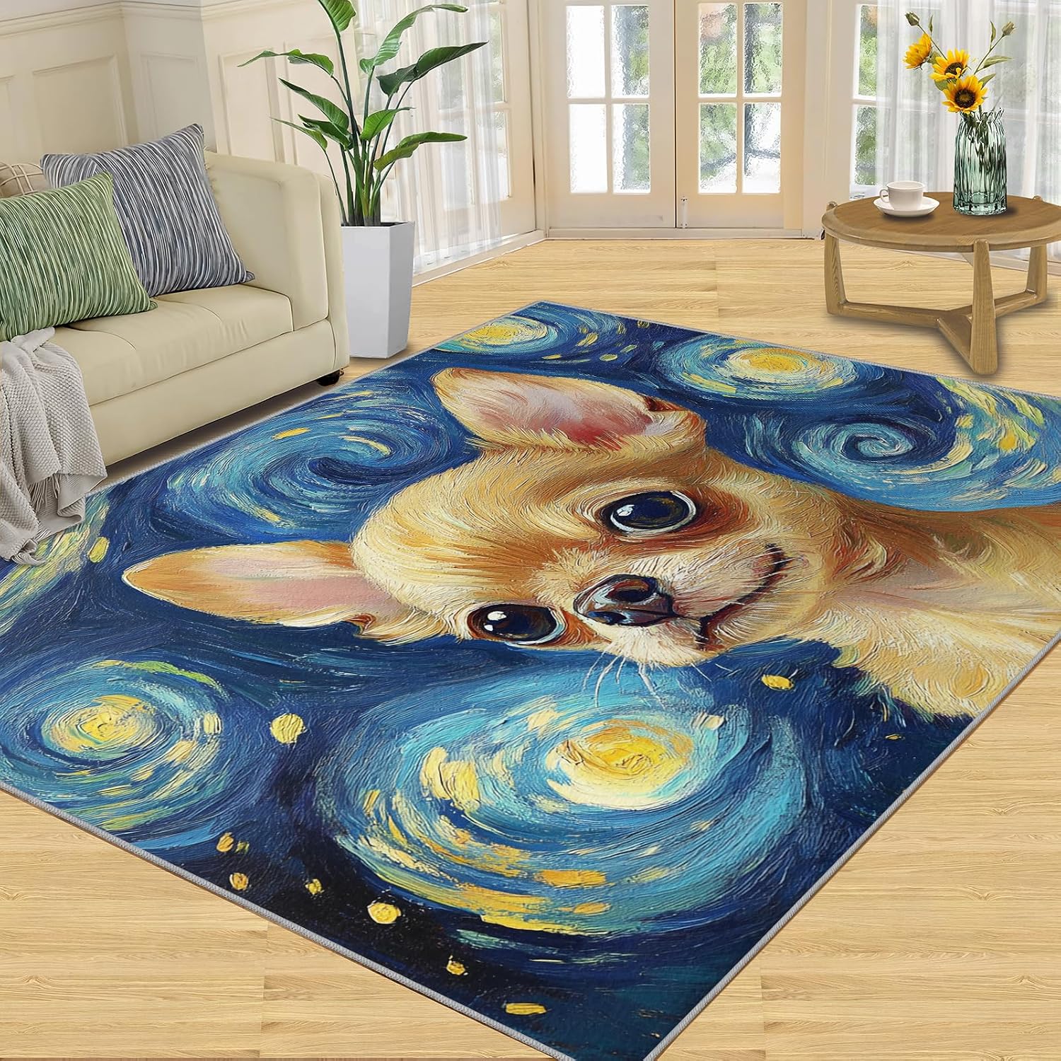 Dog Area Rug Large - 6x8 Rug, Blue Starry Night Rugs for Living Room, Animal Carpet, Impressionism Washable Area Rugs for Bedroom, Art Carpet, Dog Home Decor