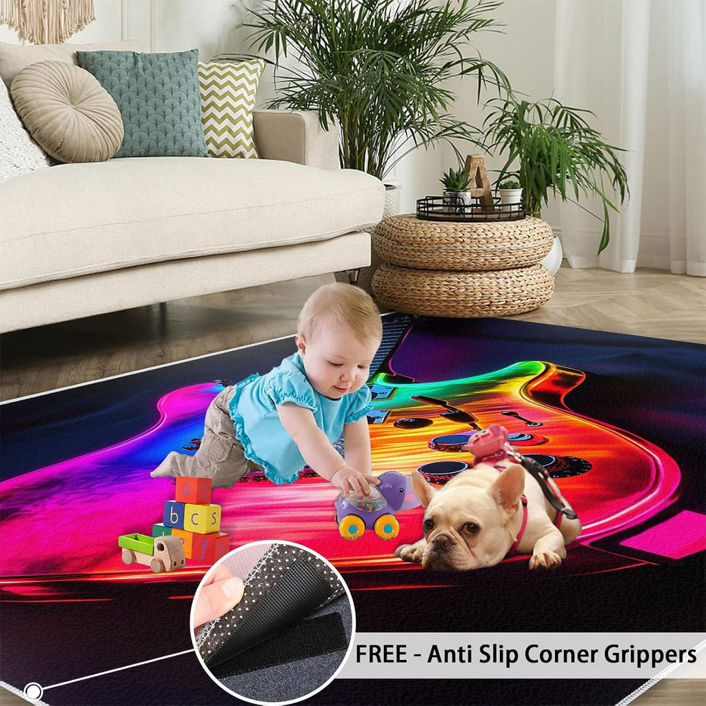 Guitar Rug, Music Rugs for Bedroom 6x8 Rug, Rock Guitar Area Rug, Rugs for Living Room, Non Slip Washable Carpet for Kids Room Home Decor
