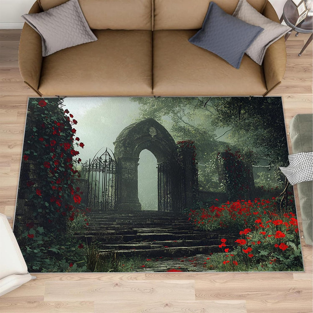 European Rug 6x8-6x8 Rug, Red Flower Area Rugs for Living Room Bedroom, Gothic Area Carpet, Landscape Washable Carpet, European Home Decor & Gifts