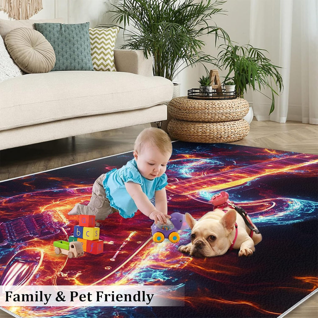 Guitar Rug & Home Decor - Cool Rugs for Living Room, Pop Art Washable Rugs for Bedroom, Musical Carpet, Non Slip Indoor Guitar Area Rug & Music Room Decor 6x8 ft
