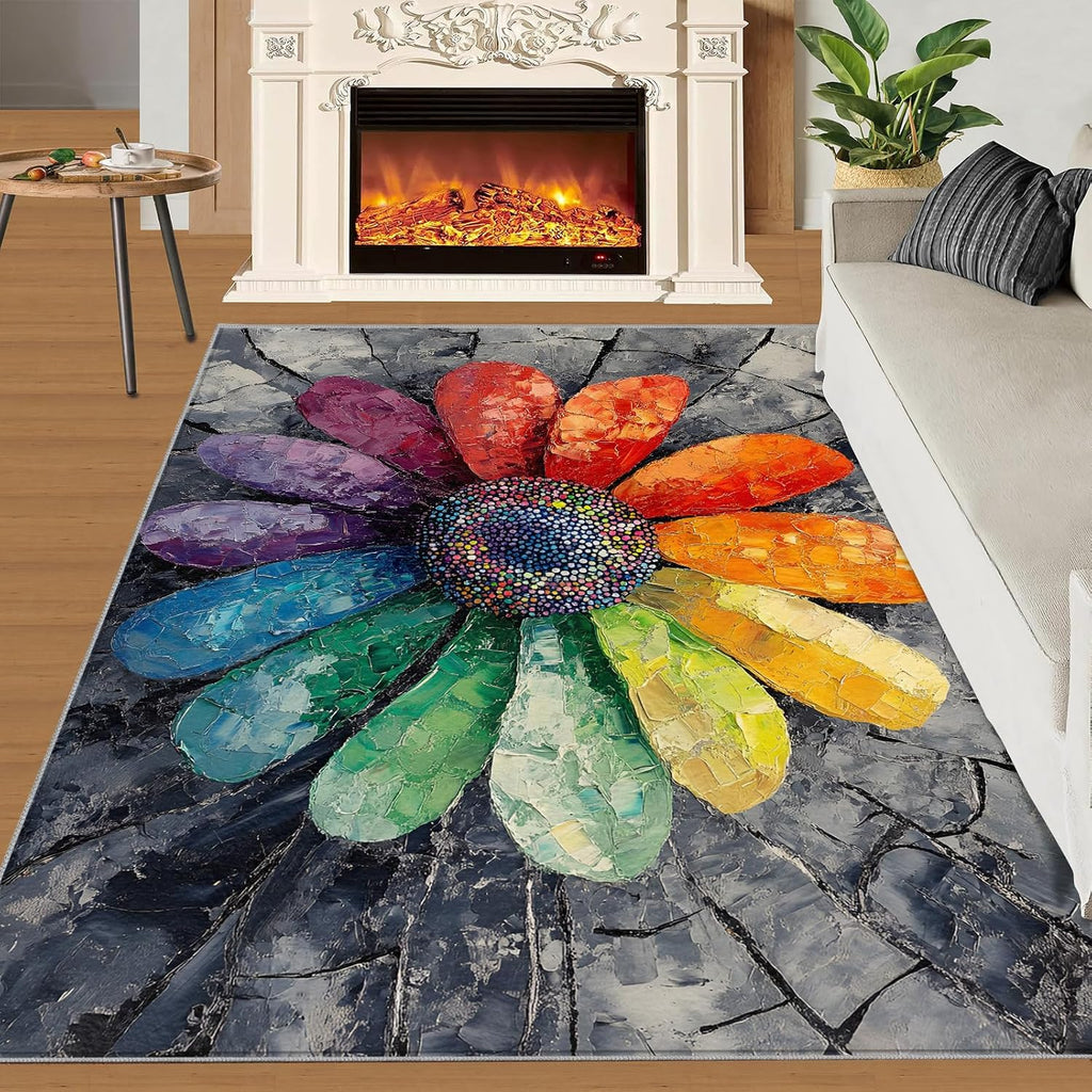 Colorful Flowers Rug 6x8, Sunflower Area Rug, Distressed Flowers Rugs for Living Room, Decor Rugs for Bedroom, Low Pile Non Slip Carpet
