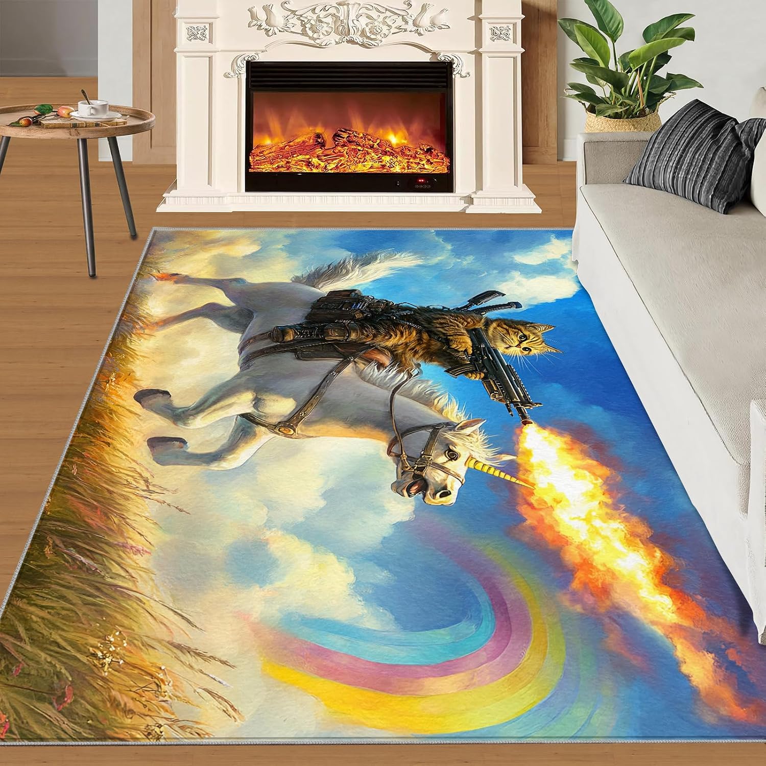 Cartoon Rugs for Living Room, Animal Print Rug, Horse & Cat Prints Washable Rugs for Bedroom, Low Pile & Non Slip, Indoor Carpet, 6x8 Area Rug & Home Decor
