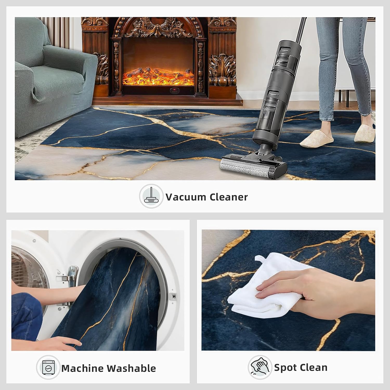 Blue Gold Carpet - Large Rug 6x8 - Marble Rugs for Living Room - Soft & Non Slip & Washable Rugs for Bedroom, Light Luxury Carpets for Dining Room Lounge Girls Room