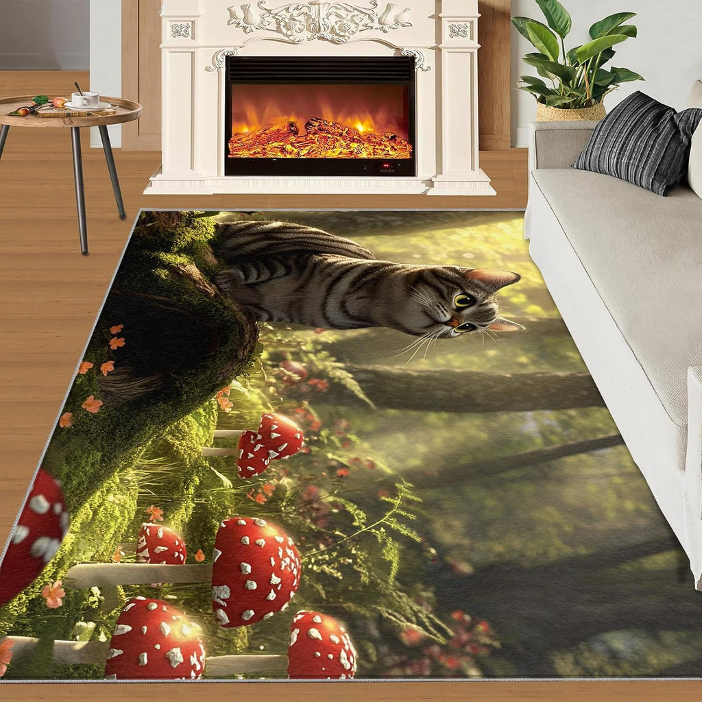 Cat Rug 6x8-6x8 Rug, Mushroom Area Rugs for Bedroom, Nature Landscape Rugs for Living Room, Forest Washable Carpet, Cat Home Decor & Gifts