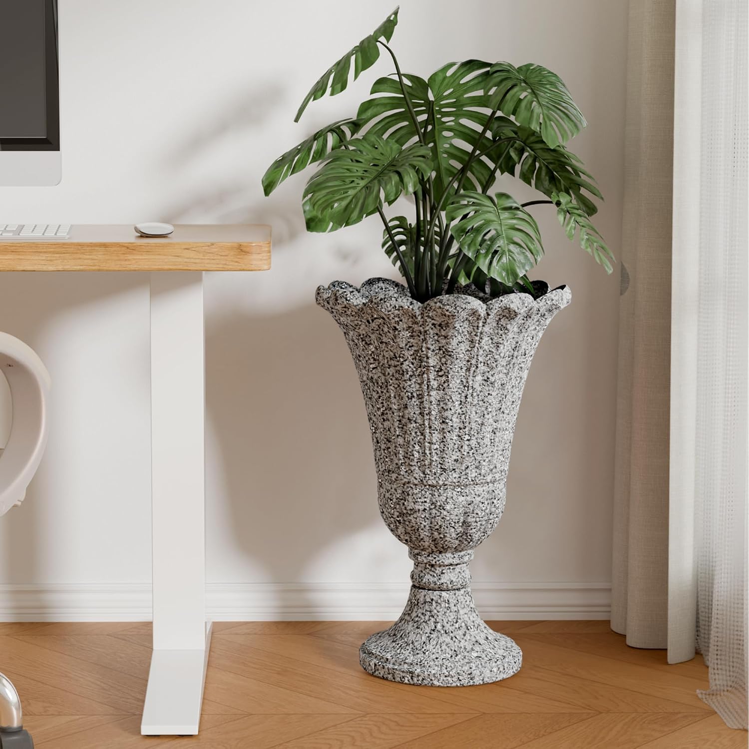 Plastic Urn Planters Set of 2, 23.6' Tall Pedestal Planter with Drainage Holes, Vintage Petal Garden Planter Urns for Front Porch, Large Plant Urns Outdoor & Indoor Flower Pots, Heather Gray