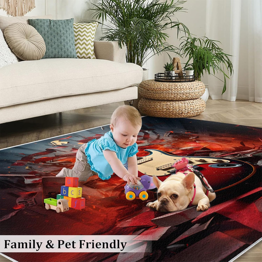 Guitar Home Decor Area Rug - Cool Guitar Bedroom Rug - Music Lover Living Room Rugs - Non-Slip Low Pile Carpet for Kids Room Band Recording Studio 6x8ft