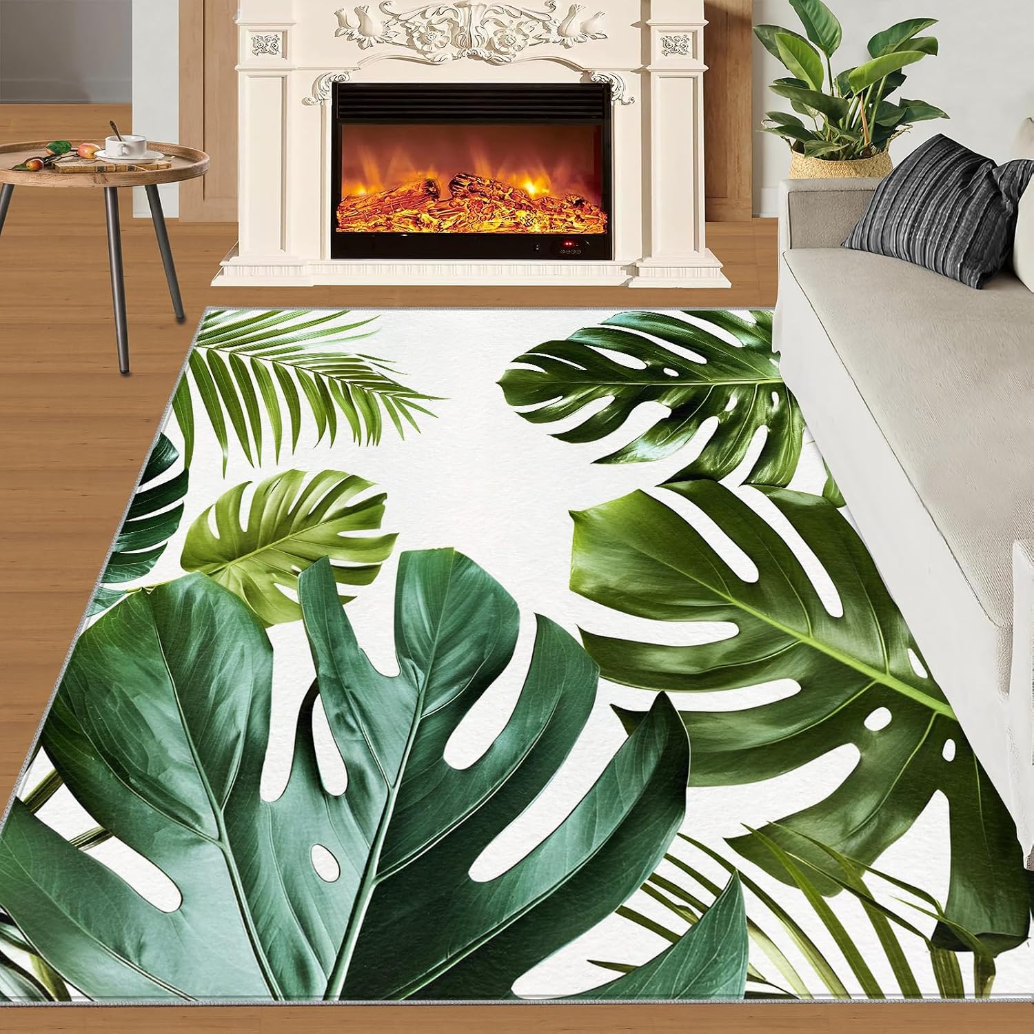 Area Rug 6x8ft, Simple Plants Rugs for Living Room, Leaves Tropical Theme Bedroom Rugs, Ultra Soft Non-Slip Short Pile Carpet for Kids Room Under Kitchen Table Office Bedside