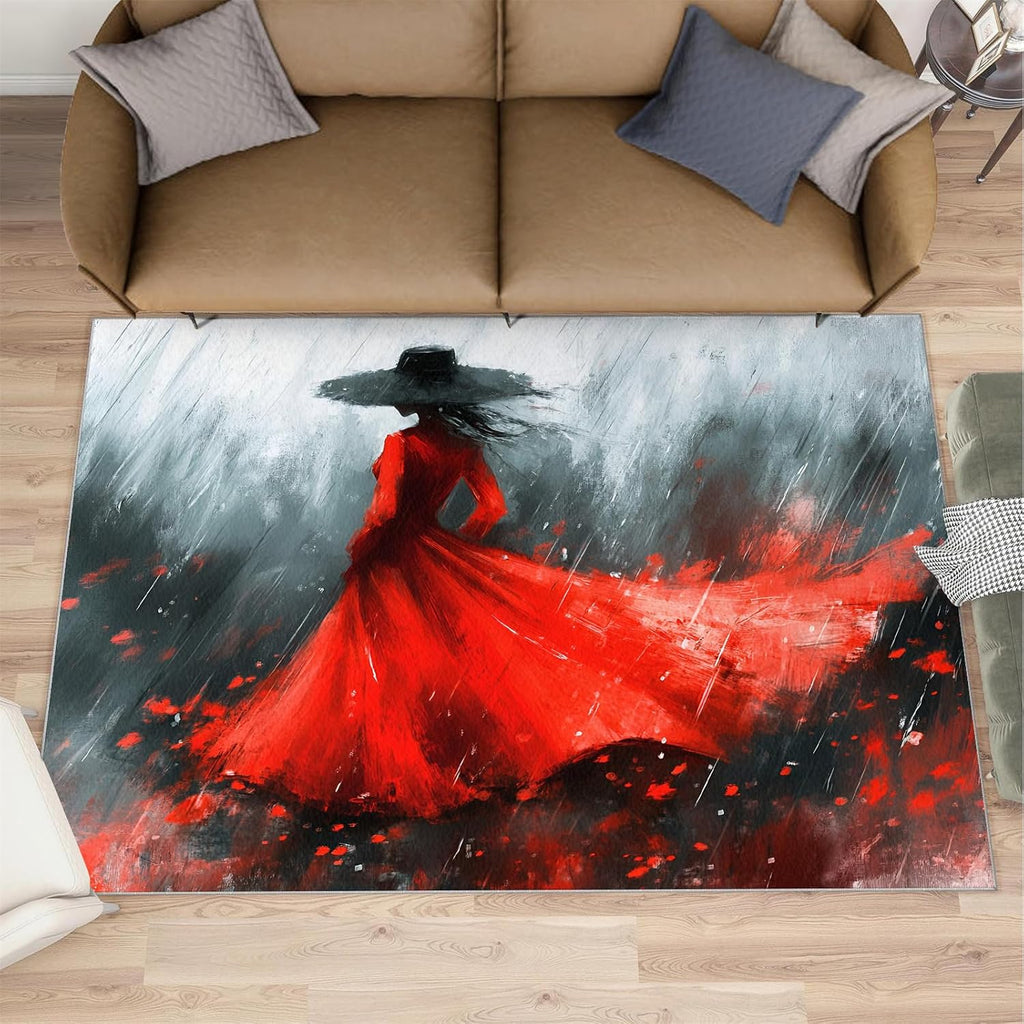 Paris Area Rug Large - 6x8 Rug, Red Dress Girl Rugs for Living Room, Paris Themed Carpet, Romantic Abstract Washable Area Rugs for Bedroom, Aesthetic Carpet, Romantic Home Decor