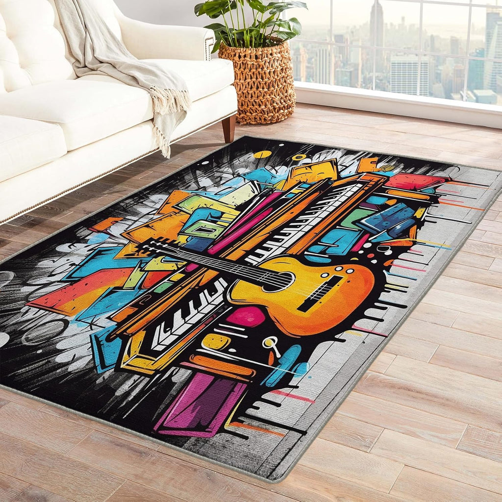 Graffiti Rug 6x9 ft, Music Themed Area Rug, Guitar Rugs for Living Room Bedroom, Piano Carpet, Kids Room Decor for Boys Girls, Washable Non Slip Soft Low Pile Indoor Area Rugs