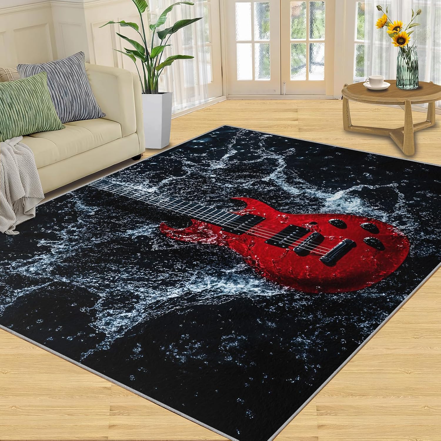 Guitar Rug 6x8, Guitar Rugs for Bedroom, Music Rugs for Living Room, Washable Area Rug for Boys Girls Room, Non Slip & Low Pile Carpet