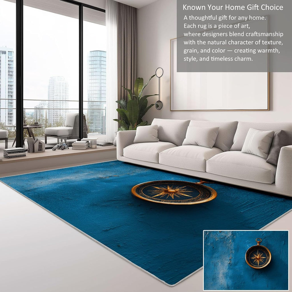 Area Rug 5 x 7 ft for Living Room, Nautical Theme Washable Non-Slip Rug - Shabby Compass Low-Pile Print Carpet for Bedroom Dinning Room Entrance Farmhouse Indoor Home Decor