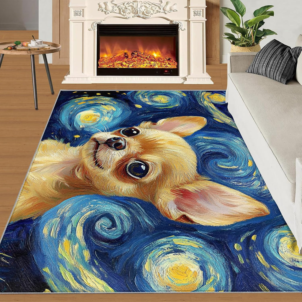 Dog Area Rug Large - 6x8 Rug, Blue Starry Night Rugs for Living Room, Animal Carpet, Impressionism Washable Area Rugs for Bedroom, Art Carpet, Dog Home Decor