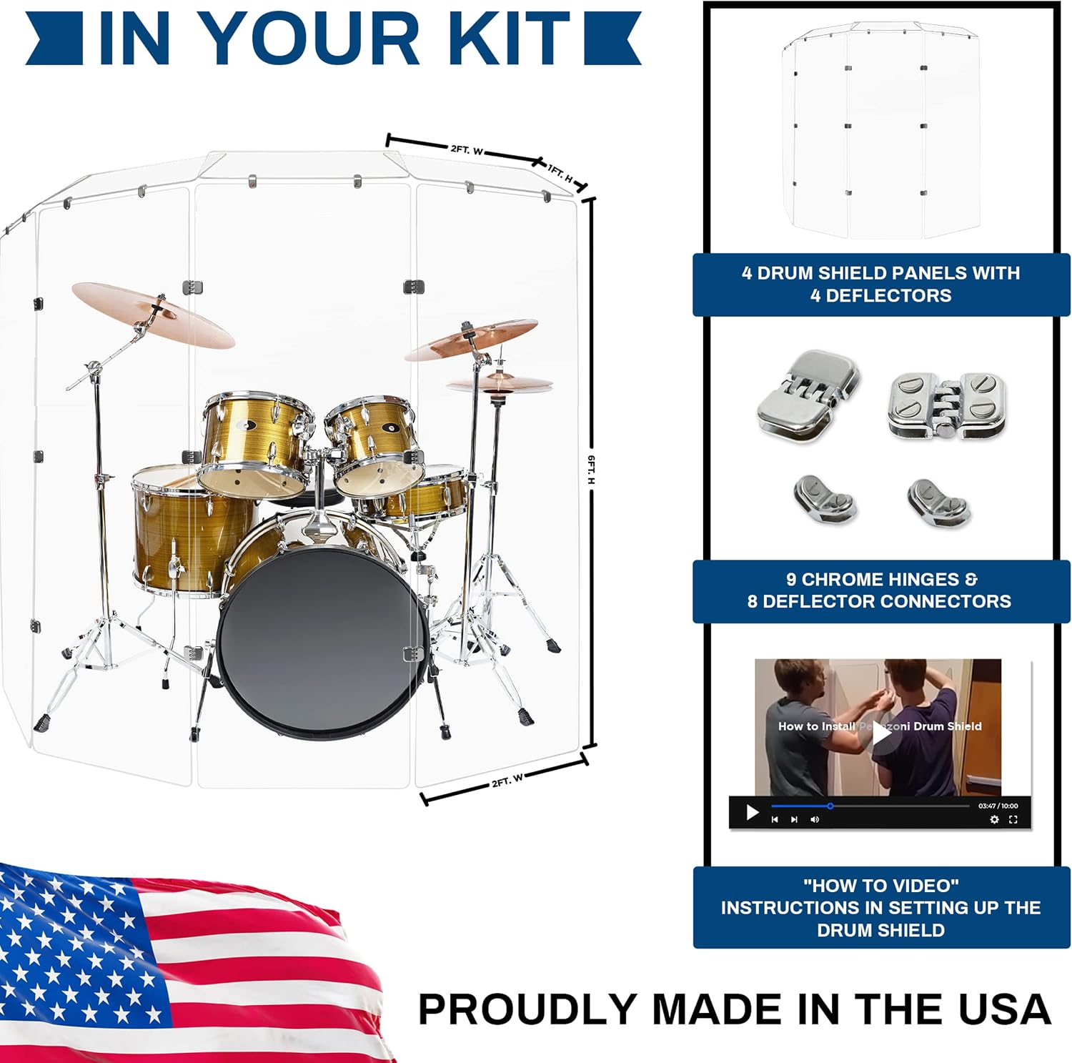PENNZONI Drum Shield 6ft w/Deflectors & Chrome Hinges, Comes w/ 4 Drum Panels, 4 Deflectors, Chrome Hinges & Deflector Connectors, Premium Clear Acrylic Panels
