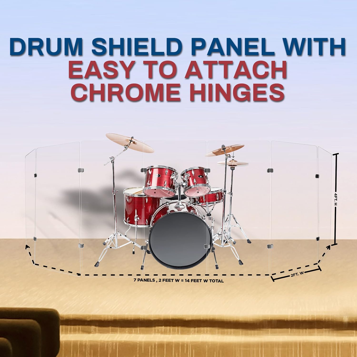 PENNZONI Drum Shield 4ft w/Chrome Hinges, Comes w/ 7 Drum Panels, & 12 Chrome Hinges, Premium Clear Acrylic Panels, Drum Screen