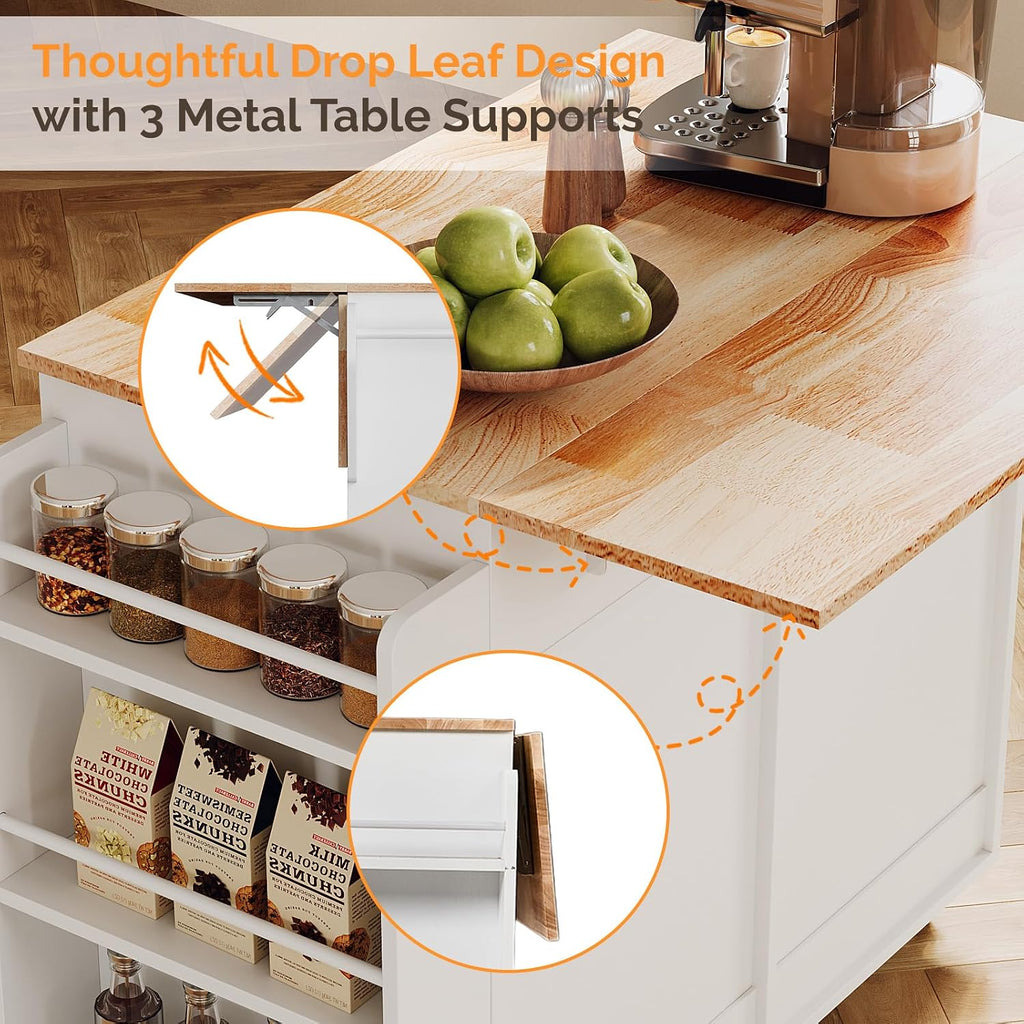 VINGLI Fluted Large Kitchen Island Cart with 2 Draws & 4 Doors, White | Drop-leaf Toptable, Adjuestable Shelves, Towel Bar, 3-tier Side Storage Rack, 360° Rolling Design