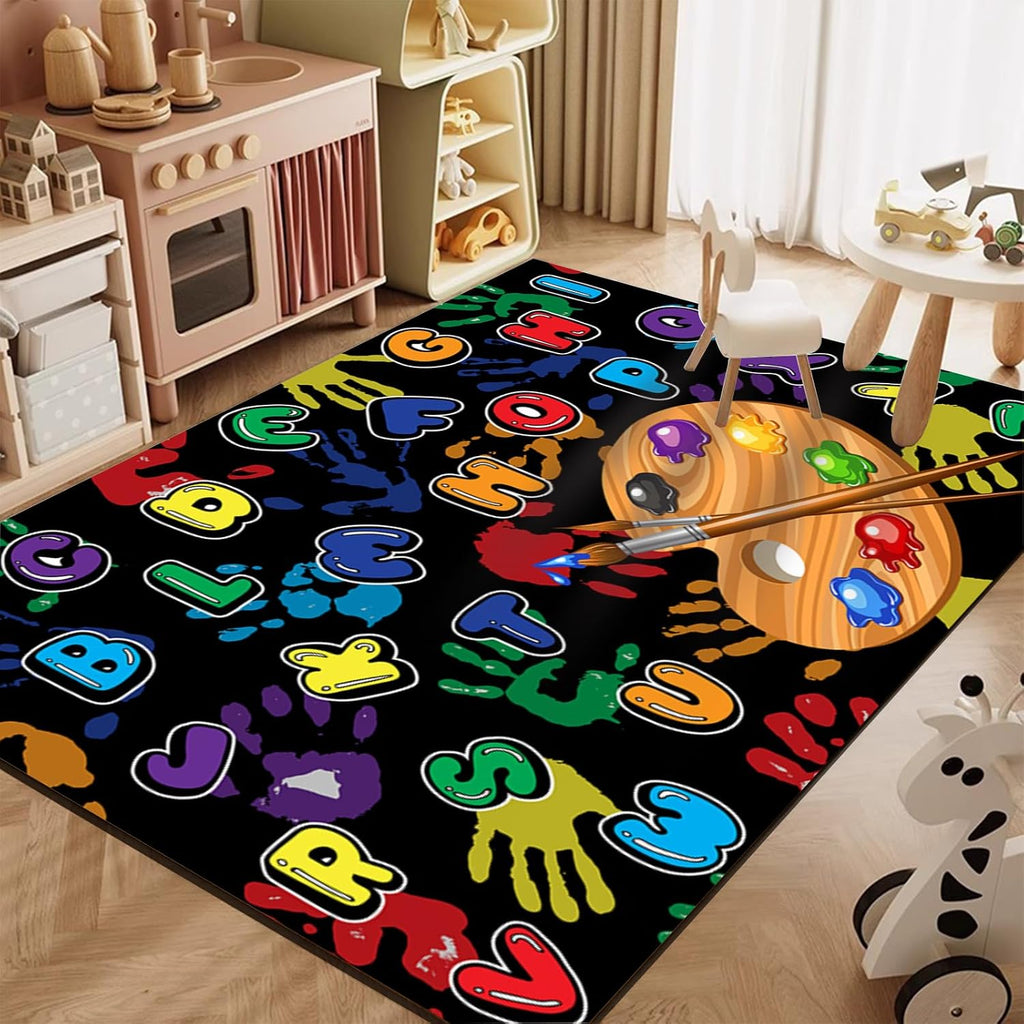 ABC Art Large Area Carpet, 6x8ft, Cartoon Palette Colorful Letters Children's Rug, Handprint Soft Classroom Carpets, Rubber Backed Durable Non Slip Rugs for Teen Kids Family Bedside