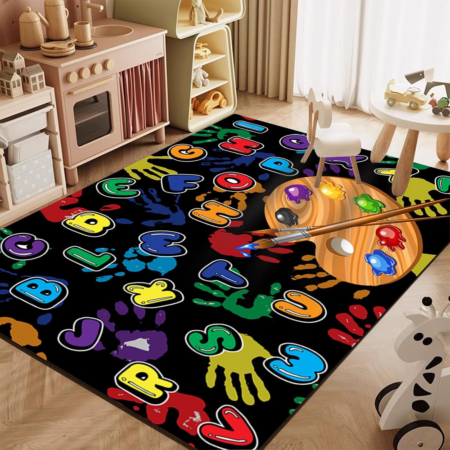 ABC Art Large Area Carpet, 6x8ft, Cartoon Palette Colorful Letters Children's Rug, Handprint Soft Classroom Carpets, Rubber Backed Durable Non Slip Rugs for Teen Kids Family Bedside