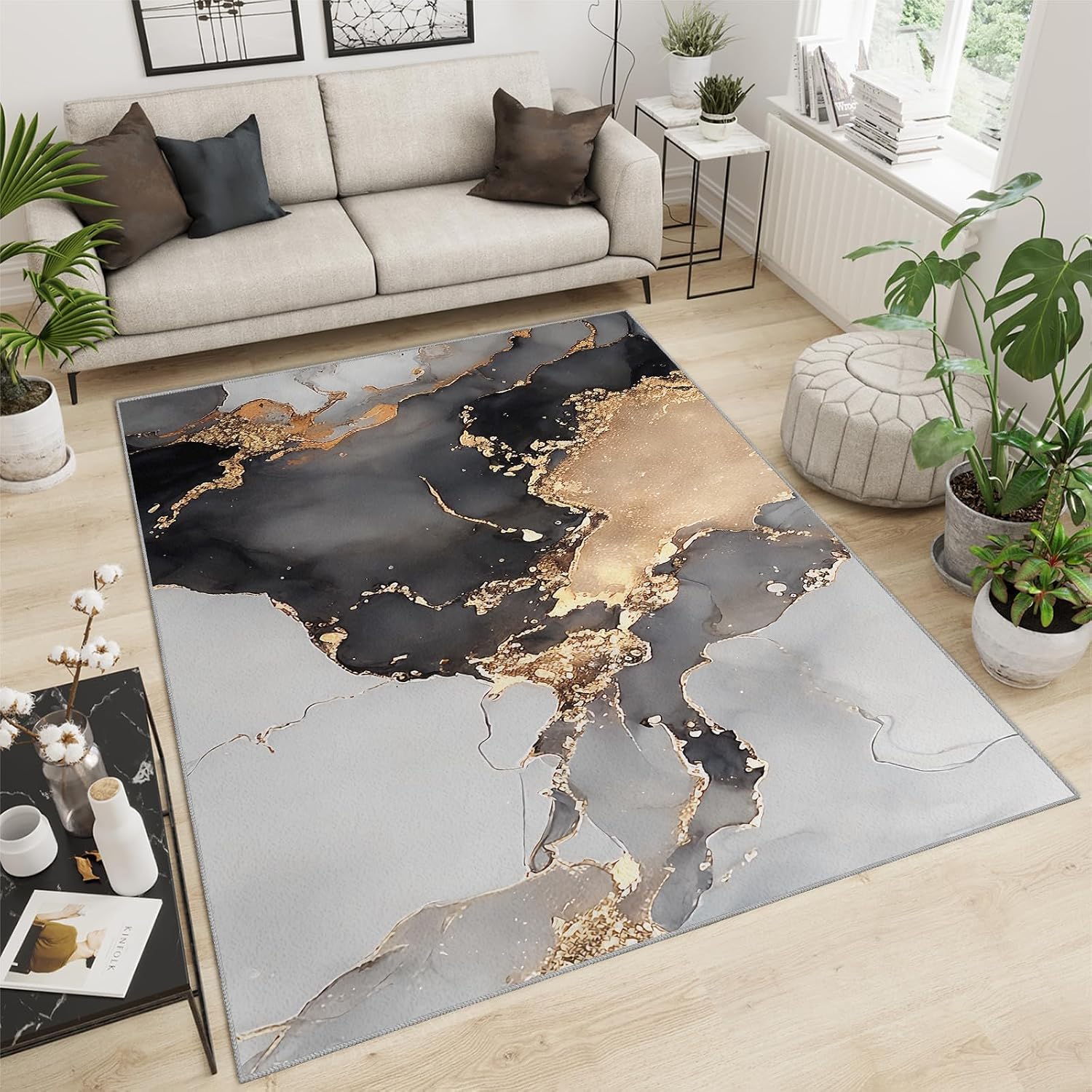 6x8 Rug Grey Marble Indoor Carpet, Luxury Gold Texture Decorative Carpet Non-Slip Large Area Easy to Clean, Suitable for Kids Boys Girls Living Room Bedroom Game Room