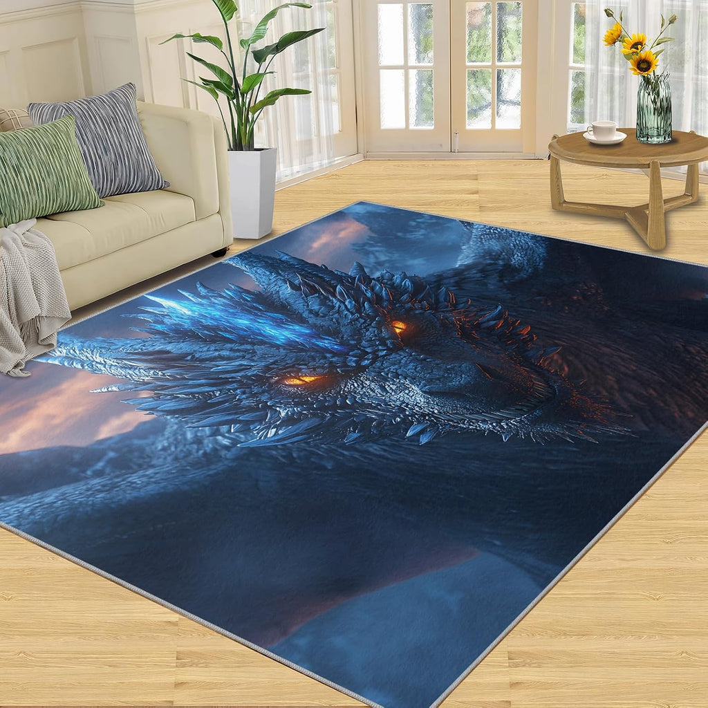 Dragon Rugs for Bedroom, Blue Dragon Area Rug, Fantasy Animal Prints Rugs for Living Room, 6x8 Washable Rug Non Slip & Low Pile, Indoor Carpet & Home Decor