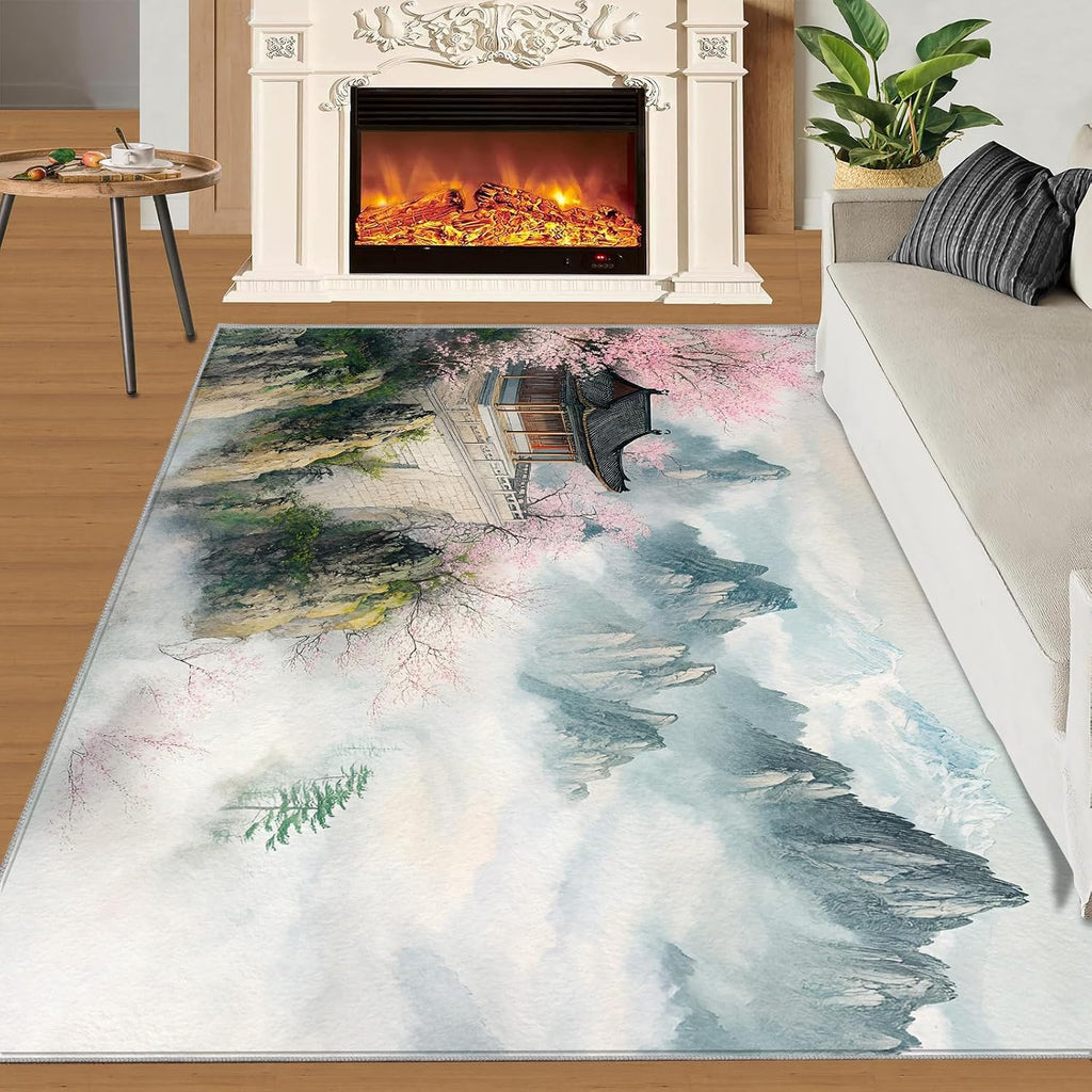 Japanese Landscape Area Rug Large - 6x8 Rug, Cherry Blossom Rugs for Living Room, Mountains Area Rugs for Bedroom, Oriental Washable Carpet, Japanese Home Decor & Gifts