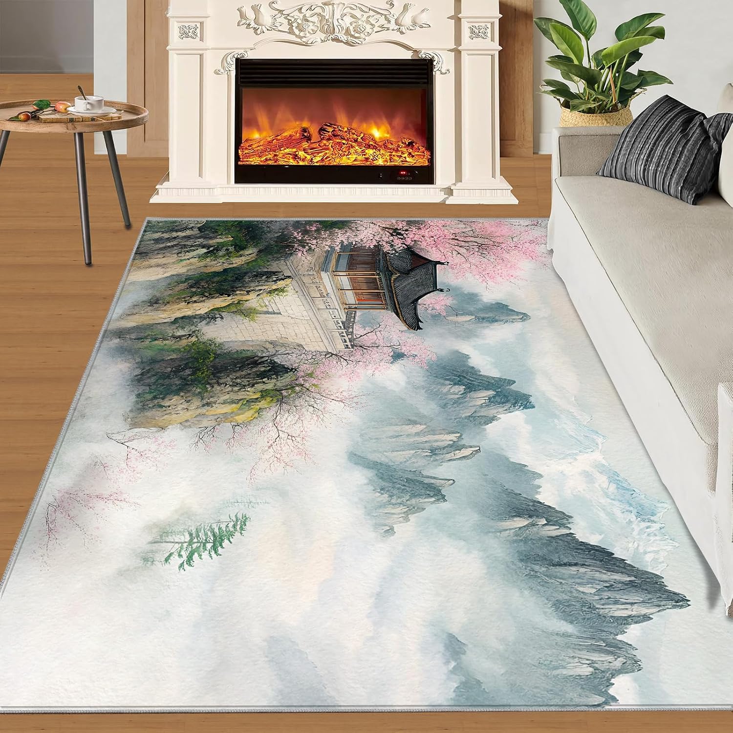 Japanese Landscape Area Rug Large - 6x8 Rug, Cherry Blossom Rugs for Living Room, Mountains Area Rugs for Bedroom, Oriental Washable Carpet, Japanese Home Decor & Gifts