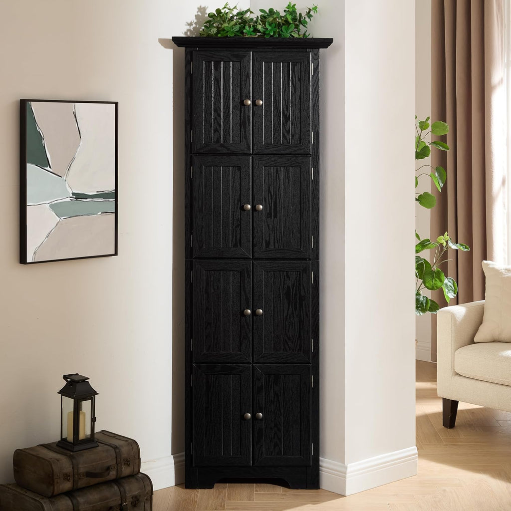 72' Sturdy Freestanding Storage Cabinet, Kitchen Storage Bakers Rack with Tiered Shelves, Utility Food Cupboard with Spacious Doors for Kitchen, Bathroom, Living Room, Black