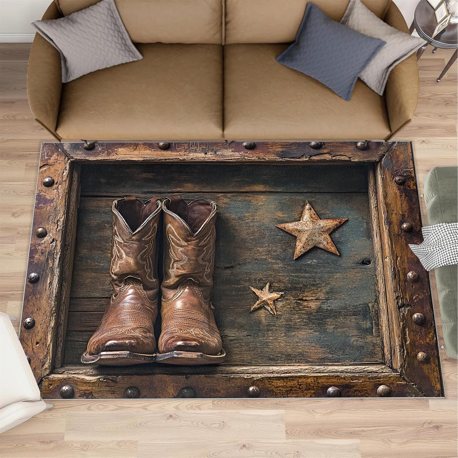 Western Cowboy Rugs for Bedroom - 6x8 Rug, Boots Area Rugs for Living Room, Texas Stars Carpet, Farmhouse Washable Mat, Western Home Decor & Gifts