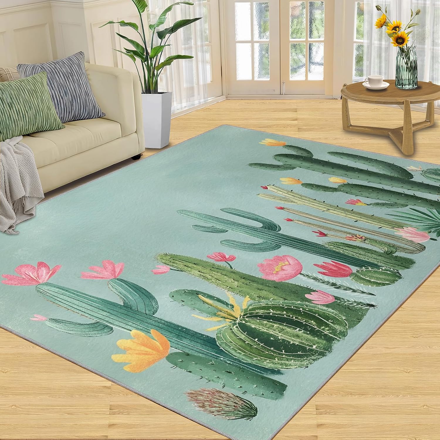 Cactus Rugs for Bedroom, Desert Plants Rug 6x8, Abstract Botanical Dining Room Rugs Washable & Non Slip Large Carpet for Home Decor