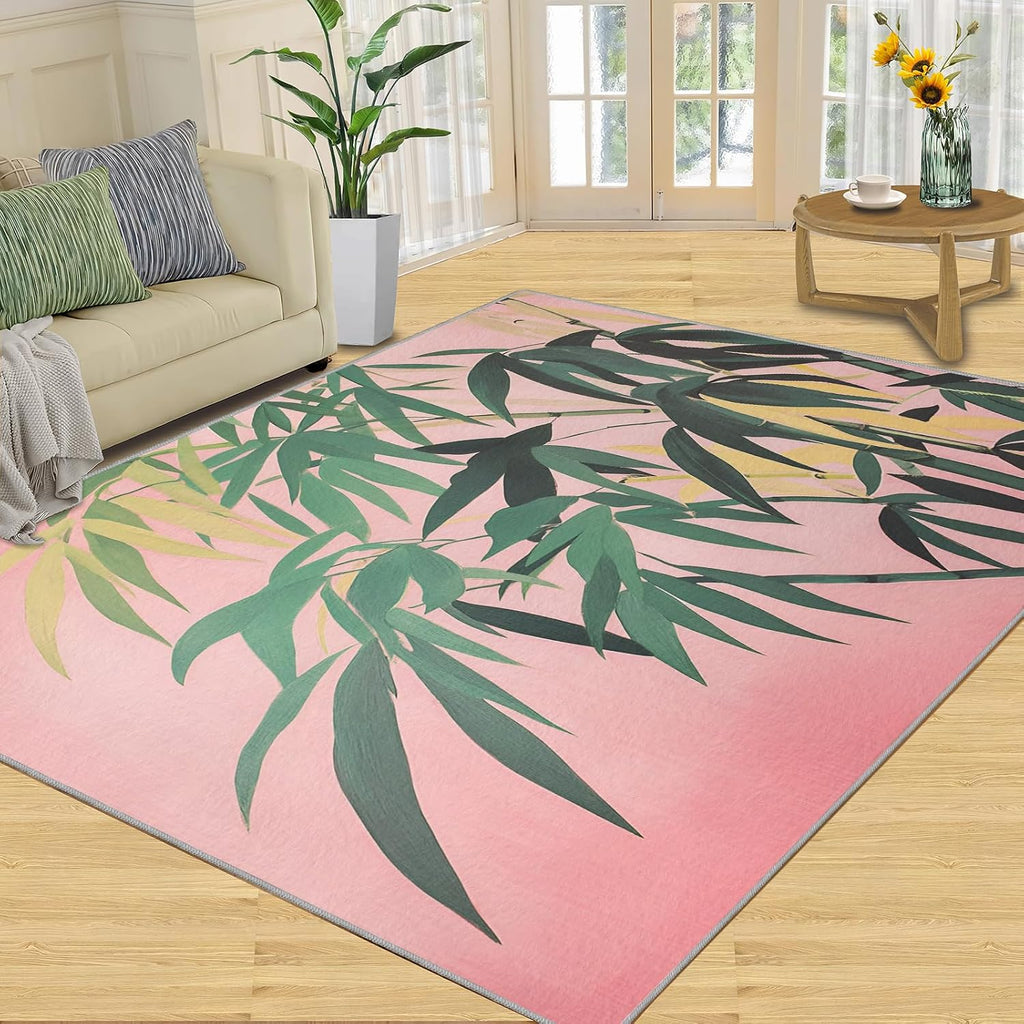Green Bamboo Rug, Plants Rugs for Bedroom 6x8 Rug, Leaves Area Rug, Rugs for Living Room, Non Slip Washable Carpet for Kids Room Home Decor