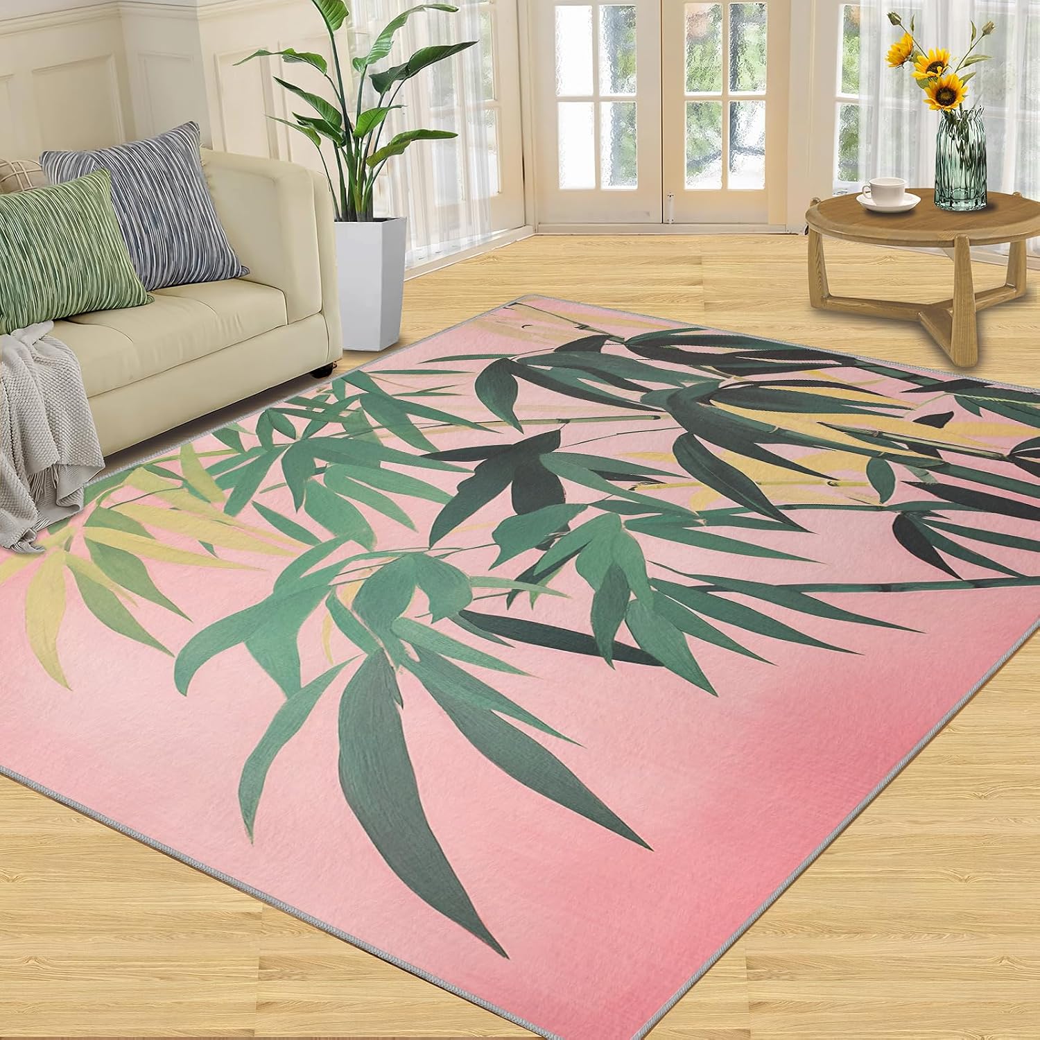 Green Bamboo Rug, Plants Rugs for Bedroom 5x7 Rug, Leaves Area Rug, Rugs for Living Room, Non Slip Washable Carpet for Kids Room Home Decor