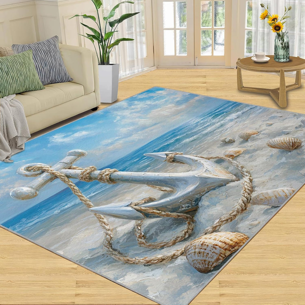Beach Rug 6x8, Anchor Rugs for Bedroom, Nautical Theme Area Rug, Non Slip Washable Rugs for Living Room Farmhouse, Indoor Low Pile Decor Carpet