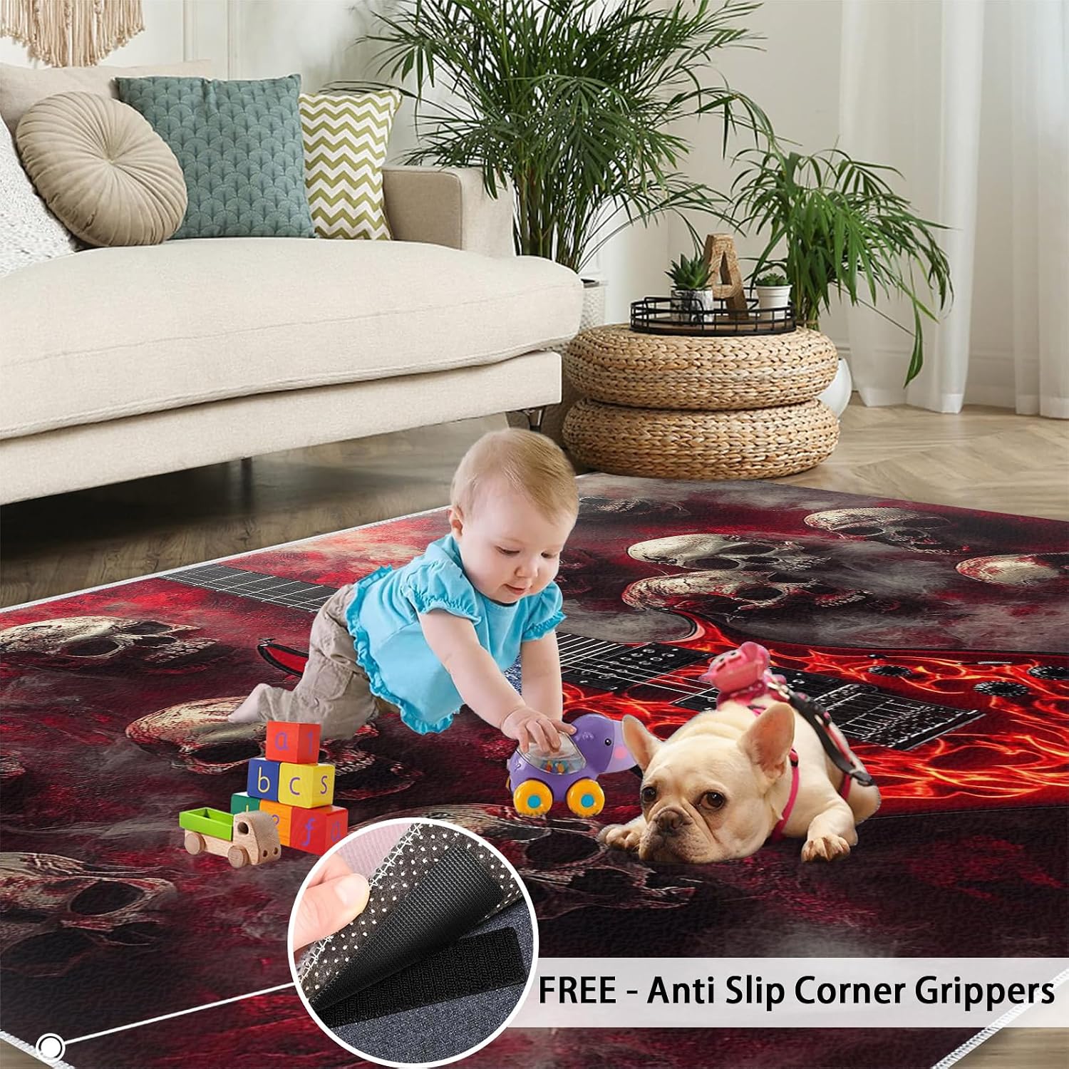 Skull Rug 6x8-6x8 Rug, Guitar Area Rugs for Living Room Bedroom, Gothic Area Carpet, Halloween Washable Carpet, Halloween Home Decor & Gifts