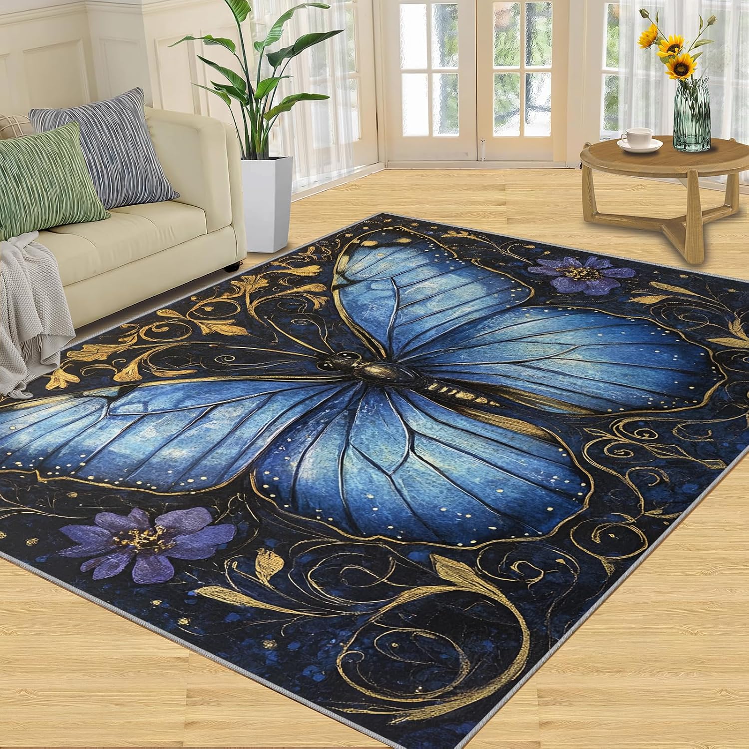 Butterfly Rugs for Bedroom, Luxury Decor Rug 6x8, Retro Exquisite Decor Dining Room Rugs Washable & Non Slip Large Carpet for Home Decor
