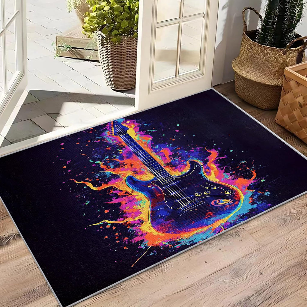 Guitar Rugs 5x7 - Guitar Rugs 4x6, Electric Guitar Music Area Rug for Living Room Bedroom, Washable Non Slip Non Shedding, Rock and Roll Graffiti Carpet, Guitar Home Decor & Gifts
