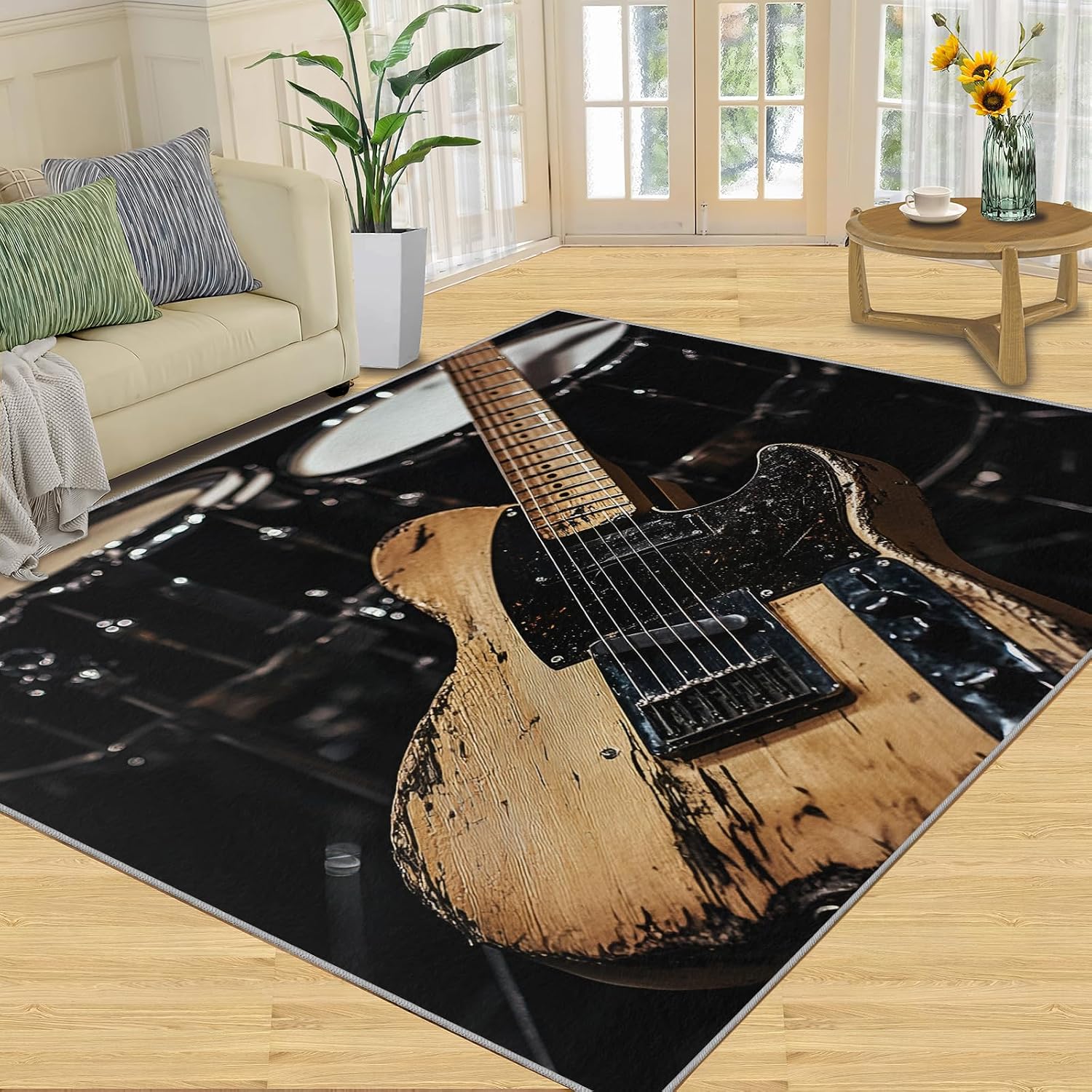 Music Rug 8x10-8x10 Rug, Guitar Area Rugs for Living Room Bedroom, Drum Set Rugs, Acoustic Guitar Washable Carpet, Boys Carpet, Music Lovers Home Decor & Gifts
