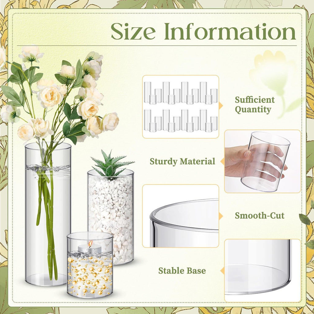 Nuogo 60 Pcs Plastic Cylinder Vases Tall Plastic Flower Vases for Centerpieces Hurricane Candle Holder for Home Wedding Office Party Formal Dinners Decorations (4''/6''/8'')