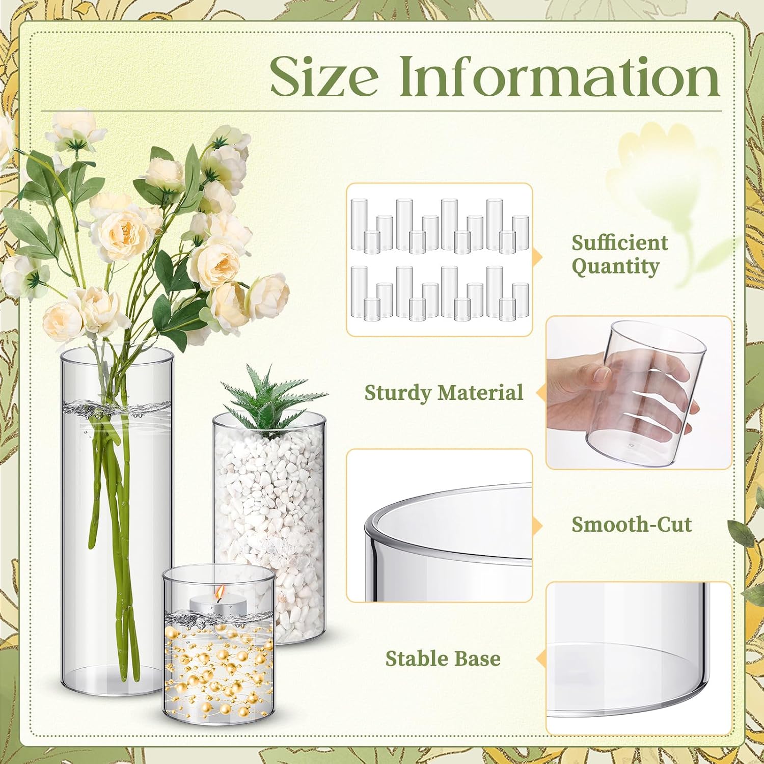 Nuogo 60 Pcs Plastic Cylinder Vases Tall Plastic Flower Vases for Centerpieces Hurricane Candle Holder for Home Wedding Office Party Formal Dinners Decorations (4''/6''/8'')