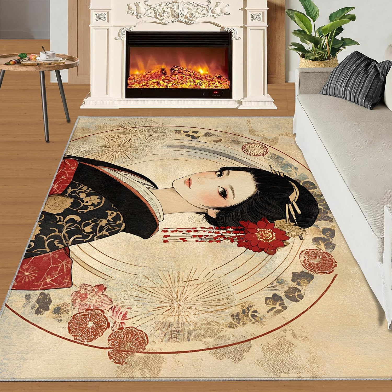 Japanese Area Rug Large - 6x8 Rug, Kimono Girl Rugs for Living Room, Asian Style Carpet, Anime Girl Washable Area Rugs for Bedroom, Retro Carpet, Japanese Home Decor