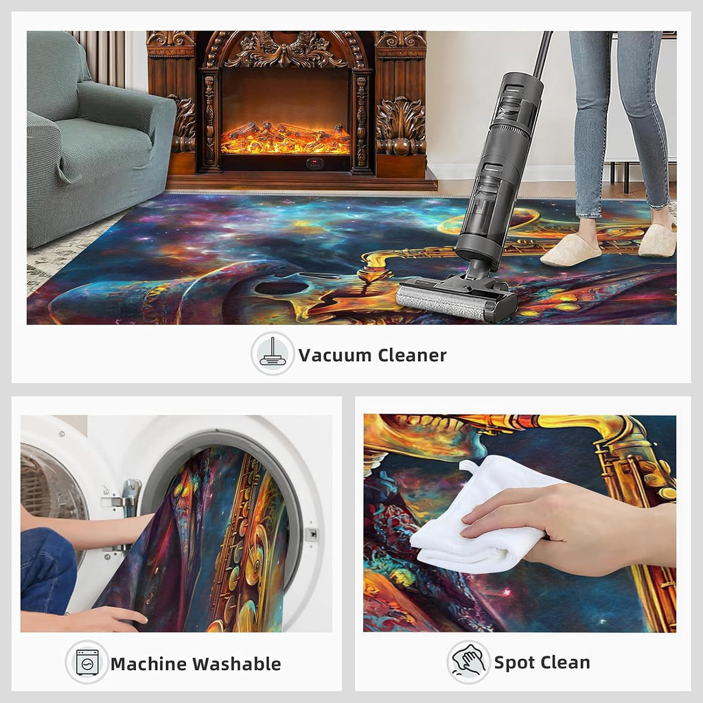 Saxophone Rug for Bedroom 6x8 Rug Skull Rugs, Gothic Style Home Decor, Non Slip Washable Large Rugs, Abstract Musical Instrument Carpet for Boys and Girls Teen Playroom