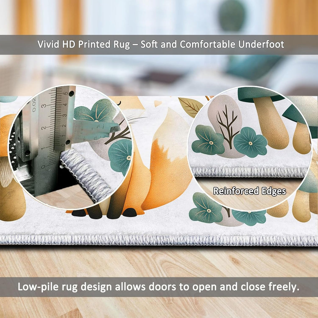 Indoor Non-Slip Area Rug 5 x 7 ft, Cartoon Style Washable Rug Watercolor Plants Animals Fox Low Pile Carpet for Living Room Entryway Kitchen Front Entrance Kids Room Door Mat Laundry