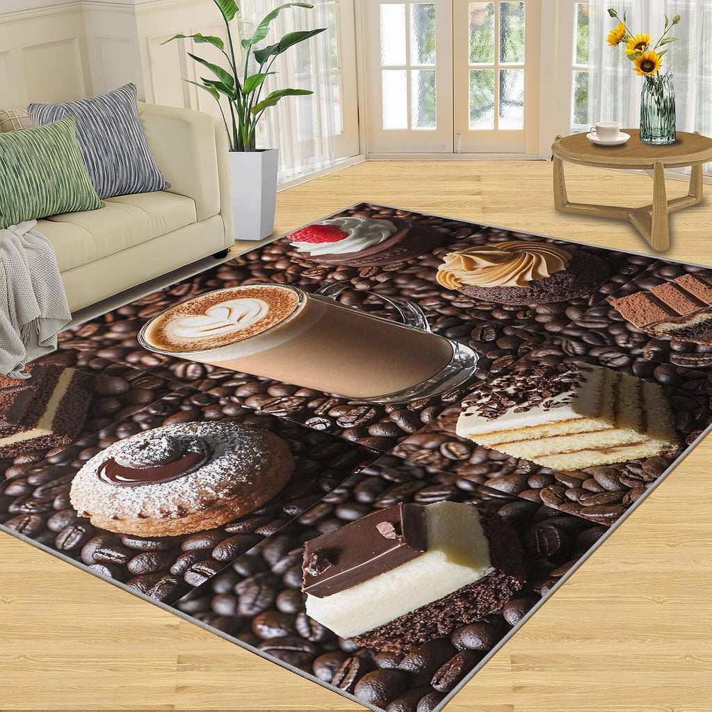 Coffee Rug 6x8, Cake Area Rug, Coffee Shop Rugs for Living Room, Washable Rugs for Bedroom, Non Slip Low Pile Floor Mats