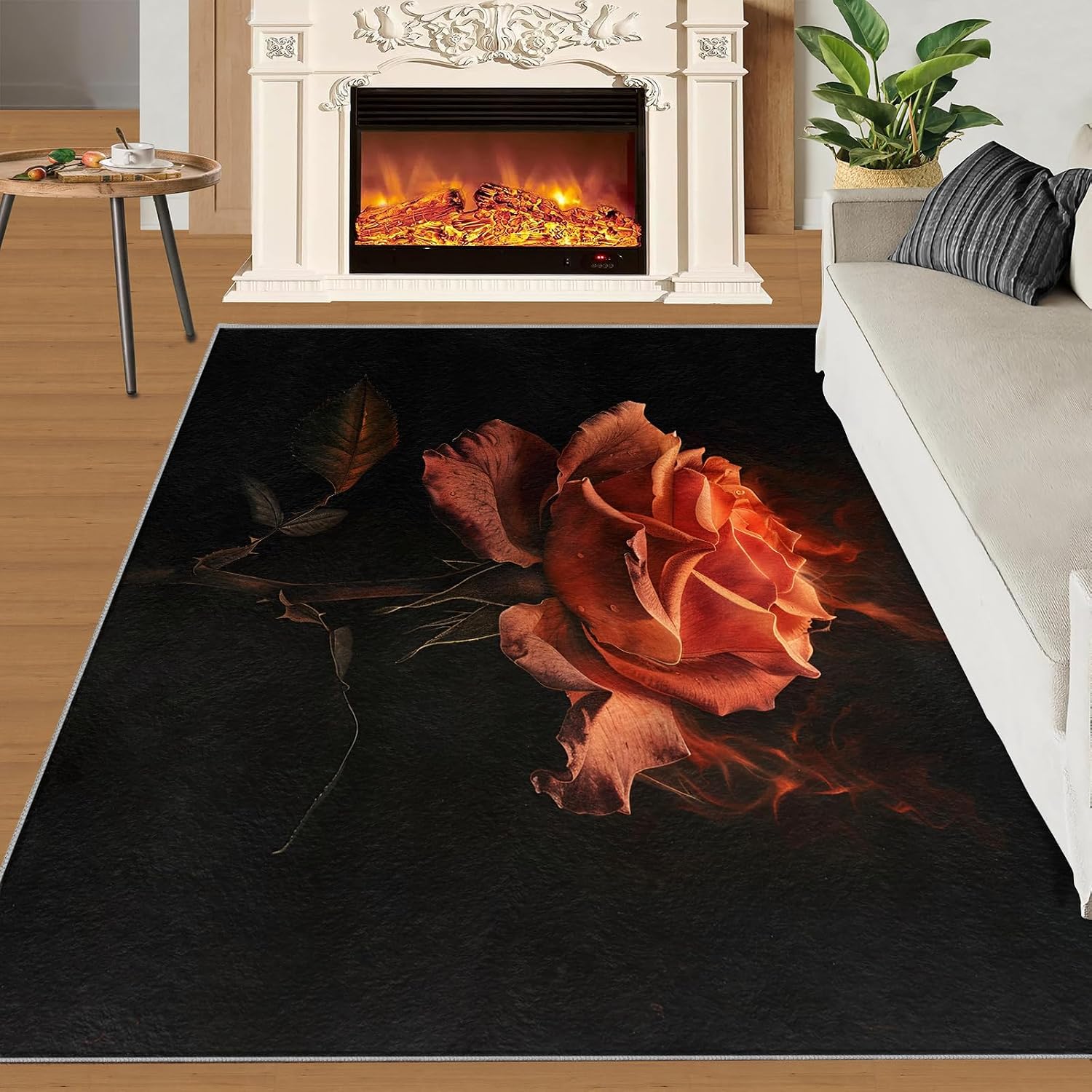 Area Rug 6x8ft, Red Rose Rugs, Simple Black Area Rug, Upholstery Carpet with Non-Slip Backing, Soft Washable Rug for Living Room Kids Boys Girls Bedroom Study Room