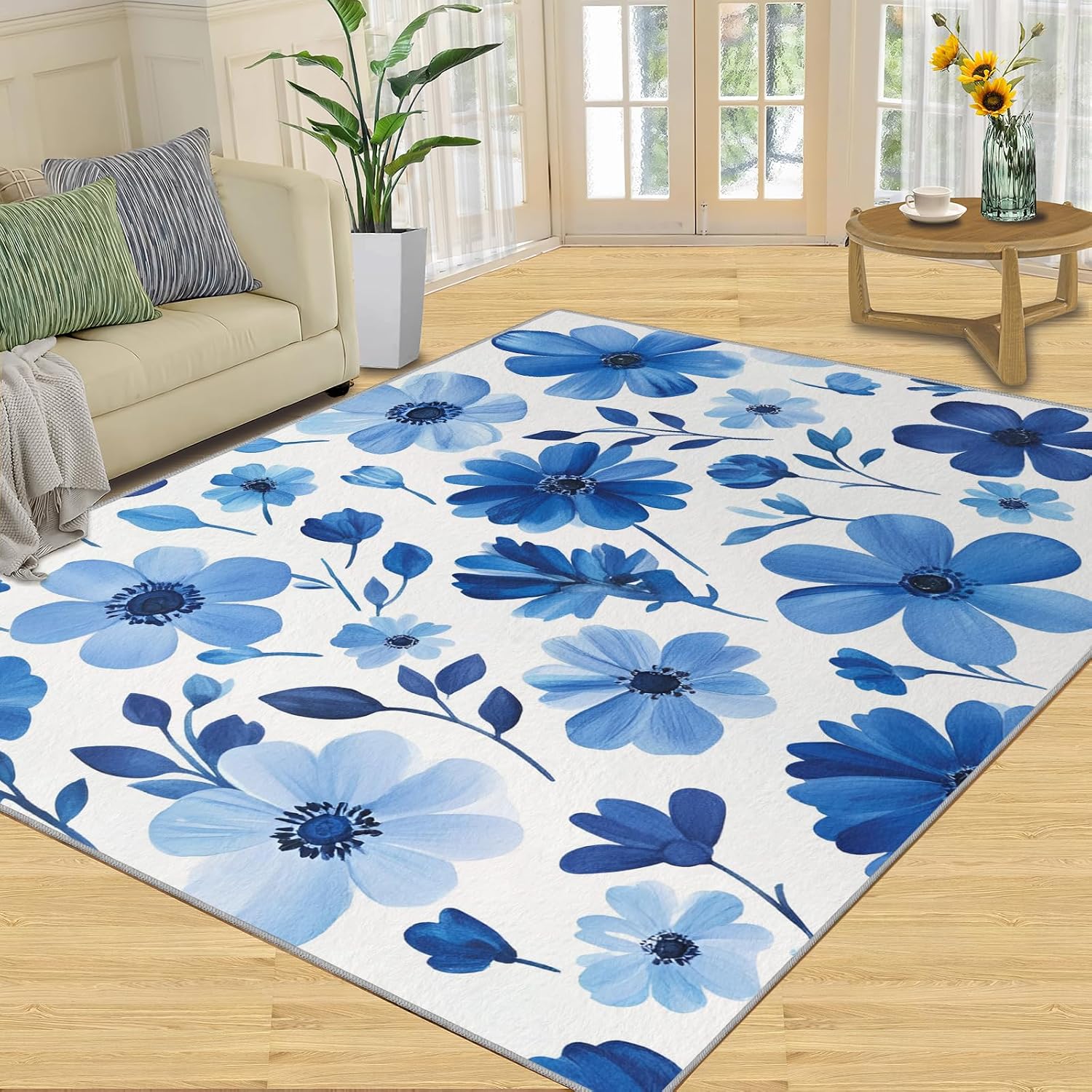 Blue Flowers Area Rug, Watercolor Flowers Living Room Rug, Low Pile Home Decor Carpet for Bedroom Dining Room Farmhouse Floor Mat 6x8