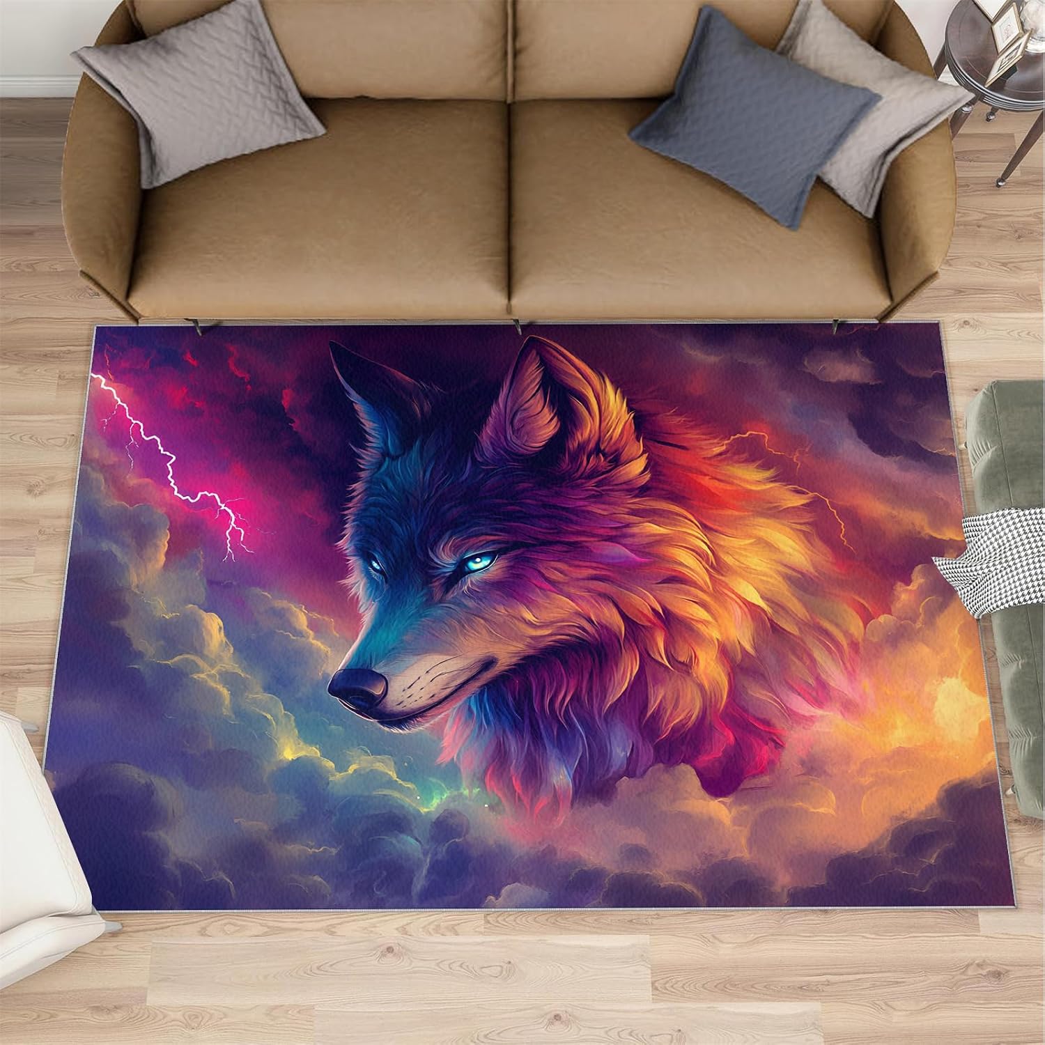 Colorful Wolf Area Rug - Large Rug 6x8 - Lightning Cloud Rugs for Living Room - Soft & Non Slip & Washable Rugs for Bedroom, Fantasy Animal Carpets for Dining Room Lounge Girls Room