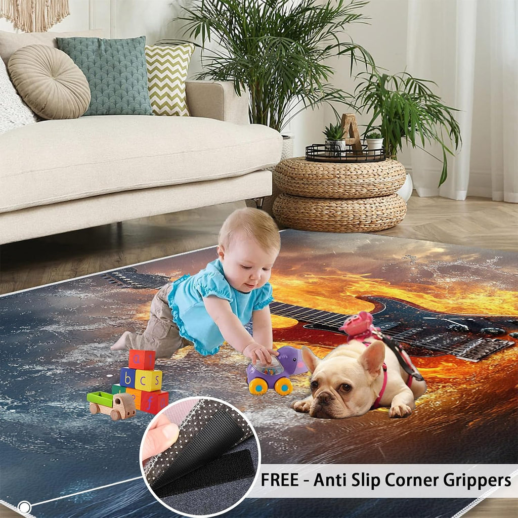 Guitar Area Rug 5x8, Music Rugs for Living Room, Water and Fire Guitar Bedroom Rug, Machine Washable Rugs for Sofa Kitchen Dining, Non-Slip Home Decor Carpet