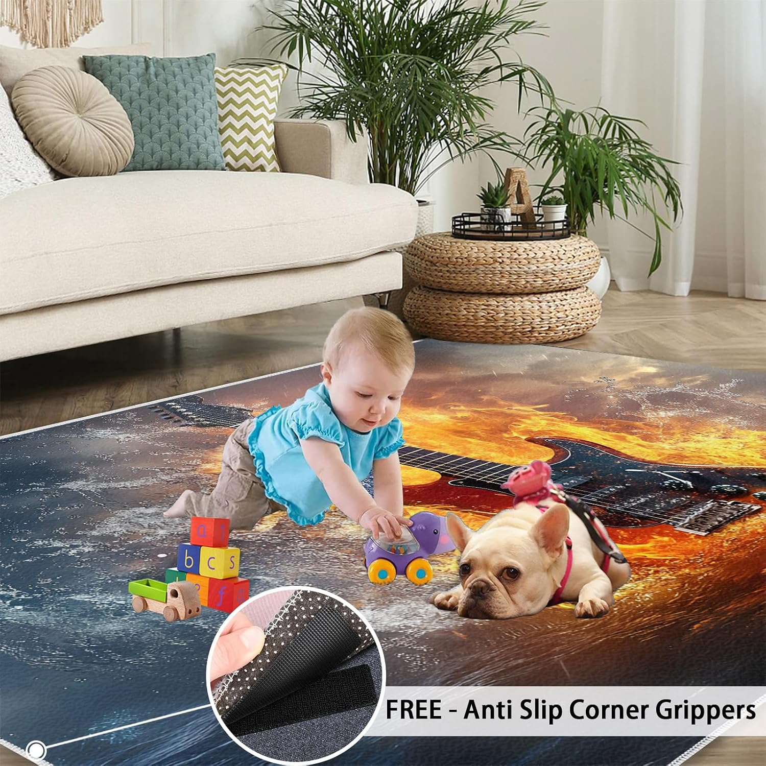 Guitar Area Rug 5x7, Music Rugs for Living Room, Water and Fire Guitar Bedroom Rug, Machine Washable Rugs for Sofa Kitchen Dining, Non-Slip Home Decor Carpet